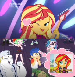 Size: 981x995 | Tagged: safe, artist:jake555555555, edit, edited screencap, screencap, bulk biceps, doodle bug, flash sentry, sandalwood, sunset shimmer, technicolor waves, waldo whereabout, watermelody, equestria girls, equestria girls specials, g4, my little pony equestria girls: better together, my little pony equestria girls: rainbow rocks, my little pony equestria girls: spring breakdown, all good (song), background human, bikini, clothes, female, male, ship:flashimmer, shipping, shipping domino, straight, swimsuit, tankini