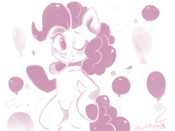 Size: 986x743 | Tagged: safe, artist:oofycolorful, pinkie pie, earth pony, pony, g4, balloon, bipedal, blushing, cute, diapinkes, female, lineart, mare, monochrome, one eye closed, signature, simple background, smiling, solo, white background, wink