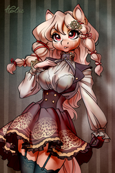 Size: 1378x2067 | Tagged: safe, artist:holivi, oc, oc only, anthro, adorasexy, anthro oc, beautiful, big breasts, blouse, breasts, choker, clothes, coat markings, commission, cute, dress, female, garter belt, garters, gloves, mare, miniskirt, ocbetes, pigtails, sexy, skirt, socks, solo, stockings, thigh highs, thighs, zettai ryouiki