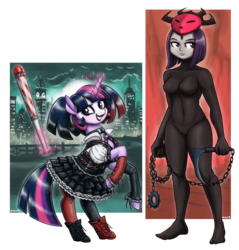 Size: 2389x2500 | Tagged: safe, artist:king-kakapo, twilight sparkle, pony, unicorn, g4, ashi, baseball bat, batman, breasts, clothes, commission, cosplay, costume, crossover, dc comics, female, harley quinn, high res, kusarigama, mare, raven (dc comics), samurai jack, simple background, smiling, tara strong, teen titans, transparent background, twiley quinn, voice actor joke