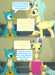 Size: 1575x2160 | Tagged: safe, artist:red4567, gallus, princess skystar, classical hippogriff, griffon, hippogriff, g4, my little pony: the movie, 3d, comic, duo, female, gallus is not amused, implied silverstream, male, notebook, source filmmaker, speech bubble, stairs, substitute, that hippogriff sure does love stairs, unamused