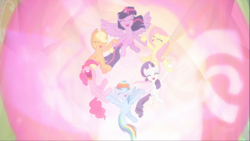 Size: 1746x982 | Tagged: safe, screencap, applejack, fluttershy, pinkie pie, rainbow dash, rarity, twilight sparkle, alicorn, earth pony, pegasus, pony, unicorn, g4, the beginning of the end, applejack's hat, cowboy hat, cropped, cute, ethereal mane, eyes closed, female, floating, glowing horn, hat, holding hooves, horn, magic, magic of friendship, mane six, mare, nose in the air, open mouth, smiling, spread wings, twilight sparkle (alicorn), wings