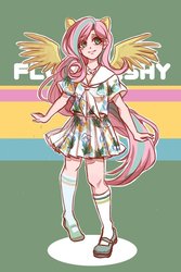 Size: 800x1200 | Tagged: safe, artist:dez, fluttershy, human, g4, clothes, female, humanized, looking at you, mary janes, miniskirt, pleated skirt, shoes, skirt, socks, solo, winged humanization, wings
