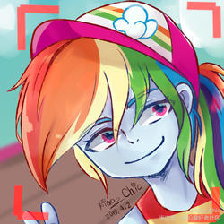 Size: 1024x1024 | Tagged: safe, alternate version, artist:xiao_chic, rainbow dash, equestria girls, equestria girls specials, g4, my little pony equestria girls: better together, my little pony equestria girls: spring breakdown, female, looking at you, peace sign, solo