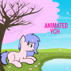 Size: 849x849 | Tagged: safe, artist:lannielona, blossom, pony, advertisement, animated, cherry blossoms, cloud, commission, eye shimmer, flower, flower blossom, gif, grass, hill, pind, prone, reflection, sky, slow motion, solo, tree, water, your character here