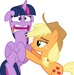 Size: 2337x2378 | Tagged: safe, artist:frownfactory, applejack, twilight sparkle, alicorn, earth pony, pony, g4, the beginning of the end, .svg available, carrying, cutie mark, faic, female, hat, heavy breathing, high res, holding, horn, mare, shocked, simple background, smiling, svg, transparent background, twilight sparkle (alicorn), twilighting, vector, wings