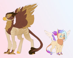 Size: 2767x2219 | Tagged: safe, artist:elf-hollow, oc, oc only, oc:high tide, oc:wave ripple, classical hippogriff, hippogriff, colored hooves, duo, female, high res, interspecies offspring, magical lesbian spawn, male, offspring, parent:gabby, parent:scootaloo, parents:gabbyloo