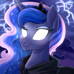 Size: 3000x3000 | Tagged: safe, artist:darlyjay, princess luna, alicorn, pony, g4, luna eclipsed, bust, cloak, clothes, dreamworks face, female, glowing eyes, high res, lightning, mare, no pupils, portrait, princess of the night, smiling, solo, white eyes