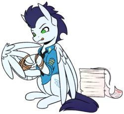 Size: 901x830 | Tagged: safe, artist:ak4neh, soarin', pegasus, pony, clothes, male, old cutie mark, paperwork, procrastination, rubber band, simple background, solo, stallion, transparent background, uniform, wing hands, wing hold, wings, wonderbolts dress uniform