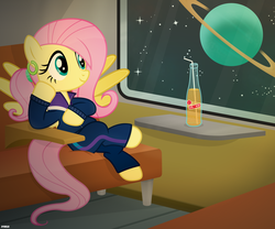 Size: 6000x5000 | Tagged: safe, artist:a4r91n, fluttershy, pegasus, pony, g4, absurd resolution, alternate hairstyle, clothes, crossed legs, ear piercing, earring, female, hairband, jewelry, mare, piercing, planet, ponytail, raised hoof, sitting, soda, solo, space, stars, tracksuit, window