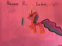 Size: 3264x2448 | Tagged: safe, artist:asiandra dash, oc, oc only, oc:princess raiflia ludashjacklightpie, alicorn, pony, alicorn oc, colored pencil drawing, freckles, high res, hoof shoes, marker drawing, mirror, pink background, simple background, traditional art