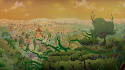Size: 2100x1178 | Tagged: safe, screencap, g4, the beginning of the end, apple tree, everfree forest, fluttershy's cottage, forest, no pony, orange sky, ponyville, ponyville schoolhouse, ponyville town hall, thorn, tree, vegetation, vine