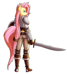 Size: 1674x1839 | Tagged: safe, artist:ikarooz, fluttershy, anthro, g4, armor, badass, boots, buttcrack, female, flutterbadass, flutterknight, knight, mare, shoes, simple background, solo, sword, weapon