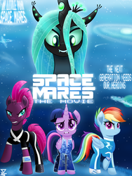 Size: 4500x6000 | Tagged: safe, artist:theretroart88, fizzlepop berrytwist, queen chrysalis, rainbow dash, tempest shadow, twilight sparkle, alicorn, pegasus, pony, unicorn, g4, my little pony: the movie, crossover, galaxy, misspelling, movie accurate, science fiction, space, space mares, twilight sparkle (alicorn), unfortunate implications