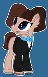 Size: 544x873 | Tagged: safe, artist:bluedinoadopts, oc, oc only, oc:mocha classica, earth pony, pony, blue background, bowtie, clothes, ear fluff, female, heart eyes, mare, open mouth, simple background, solo, suit, wingding eyes