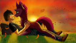 Size: 1920x1080 | Tagged: safe, artist:crimsonwolf360, fizzlepop berrytwist, tempest shadow, oc, human, pony, unicorn, g4, backpack, boop, canon x oc, female, grass, human oc, mare, noseboop, ocean, rose petals, sunset, warm