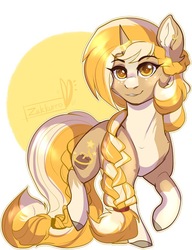 Size: 737x960 | Tagged: safe, artist:zakkurro, oc, oc only, oc:honeyside, elf pony, pony, unicorn, braid, colored hooves, ear piercing, horn, horn ring, jewelry, looking at you, piercing, solo, unicorns as elves