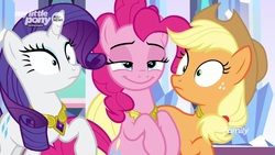 Size: 1920x1080 | Tagged: safe, screencap, applejack, pinkie pie, rarity, pony, g4, the beginning of the end, faic, lidded eyes, out of context
