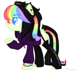 Size: 2374x2229 | Tagged: safe, artist:morning13star, oc, oc only, oc:rainbow rave, earth pony, pony, bandaid, bandaid on nose, bracelet, clothes, ear piercing, earring, female, freckles, heart, high res, jewelry, mare, multicolored hair, necklace, piercing, pigtails, rainbow hair, raised hoof, simple background, socks, solo, stockings, sweater, thigh highs, transparent background