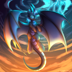 Size: 2500x2500 | Tagged: safe, artist:cornelia_nelson, dragon, pony, commission, high res, horns, lightning, ponified, scales, wings