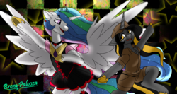 Size: 6001x3200 | Tagged: safe, artist:brainiac, princess celestia, oc, oc:knick knack, alicorn, pony, unicorn, bronycon, bronycon 2019, g4, bronypalooza, choker, clothes, collar, female, jewelry, male, mare, regailia, school uniform, stallion, text, tiara, underhoof, united parcel service, ups, ups uniform