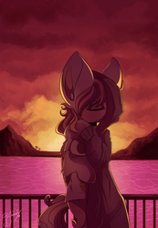 Size: 1381x2000 | Tagged: safe, artist:hagalazka, oc, oc only, pony, beach, eyes closed, pink, solo, sun, sunset, warm colors