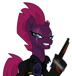 Size: 8200x8598 | Tagged: safe, artist:ejlightning007arts, tempest shadow, pony, g4, absurd resolution, broken horn, clothes, crossover, double barreled shotgun, duct tape, eyes closed, female, gun, horn, mad max, max rockatansky, open mouth, shotgun, simple background, solo, transparent background, weapon