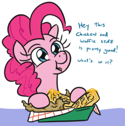 Size: 557x563 | Tagged: safe, artist:jargon scott, pinkie pie, earth pony, pony, g4, chicken and waffles, cute, dialogue, diapinkes, eating, female, food, mare, ponies eating meat, simple background, solo, white background