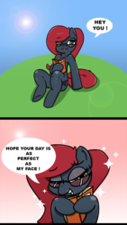 Size: 762x1354 | Tagged: safe, artist:n-o-n, oc, oc only, oc:jessi-ka, earth pony, pony, 2 panel comic, comic, dominatrix, fabulous, female, glasses, looking at you, mare, reading, solo, sunbathing