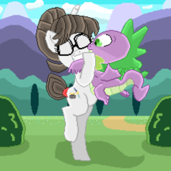 Size: 3824x3824 | Tagged: safe, artist:superhypersonic2000, raven, spike, dragon, pony, unicorn, g4, dancing, female, glasses, hair bun, happy, high res, hug, interspecies, male, mare, pixel art, ship:ravenspike, shipping, straight, winged spike, wings
