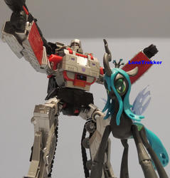 Size: 1024x1069 | Tagged: safe, artist:lonetrekker, queen chrysalis, g4, action figure, crossover, guardians of harmony, megatron, toy, transformers