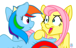 Size: 1626x1029 | Tagged: safe, artist:rainbow eevee, fluttershy, rainbow dash, pegasus, pony, g4, female, lesbian, ship:flutterdash, shipping, simple background, transparent background, wings
