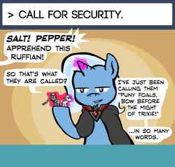 Size: 1280x1222 | Tagged: safe, artist:owlor, trixie, pony, g4, alicorn amulet, dialogue, female, lidded eyes, no pupils, offscreen character, solo, speech bubble