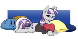 Size: 1280x642 | Tagged: safe, artist:cadetredshirt, twilight velvet, pony, unicorn, series:daring did tales of an adventurer's companion, g4, bedroom eyes, blue background, blushing, cel shading, clothes, commission, cushion, female, gradient background, heart, heart eyes, heart pillow, horn, implied night light, jacket, leather jacket, looking at you, lying down, pillow, scar, simple background, simple shading, smiling, solo, transparent background, wingding eyes, ych result