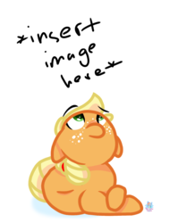 Size: 902x1135 | Tagged: safe, artist:rainbow eevee, applejack, pony, g4, cute, female, filly, filly applejack, floppy ears, freckles, hooves, insert picture here, jackabetes, looking at something, looking up, prone, simple background, solo, younger