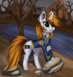 Size: 5000x5250 | Tagged: safe, artist:konidouga, oc, oc only, oc:littlepip, pony, unicorn, fallout equestria, bandage, cheek fluff, chest fluff, clothes, cutie mark, dead tree, ear fluff, eye clipping through hair, fanfic, fanfic art, female, hooves, horn, jumpsuit, leg fluff, mare, pipbuck, river, rock, solo, tree, vault suit, wasteland, water