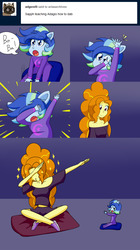 Size: 2000x3566 | Tagged: safe, artist:jake heritagu, adagio dazzle, oc, oc:sparkling sapphire, comic:aria's archives, equestria girls, g4, baby, babysitting, clothes, comic, dab, high res, magical lesbian spawn, midriff, offspring, parent:sci-twi, parent:sunset shimmer, parents:scitwishimmer, pony ears