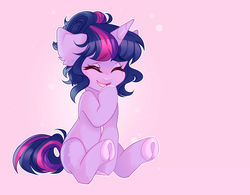 Size: 1920x1501 | Tagged: safe, artist:plnetfawn, twilight sparkle, pony, unicorn, alternate hairstyle, colored hooves, cute, ear fluff, eyebrows, eyebrows visible through hair, eyes closed, female, hair bun, mare, open mouth, pink background, simple background, sitting, solo, twiabetes, underhoof, unicorn twilight