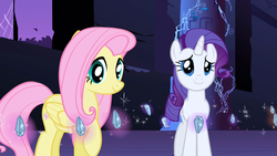 Size: 1280x720 | Tagged: safe, screencap, fluttershy, rarity, pony, friendship is magic, g4, castle of the royal pony sisters, duo