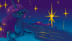 Size: 1920x1080 | Tagged: safe, artist:xxkrutoy, princess luna, alicorn, pony, g4, cute, female, floppy ears, gradient background, hair over one eye, lidded eyes, lunabetes, mare, prone, solo, spread wings, stars, wings