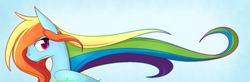 Size: 1487x490 | Tagged: safe, artist:alphaaquilae, rainbow dash, pegasus, pony, g4, beautiful, blue background, cute, dashabetes, female, long mane, mare, signature, simple background, solo, watermark, windswept mane