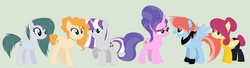 Size: 1914x524 | Tagged: safe, artist:veenon-chist, cloudy quartz, cookie crumbles, pear butter, posey shy, twilight velvet, windy whistles, earth pony, pegasus, pony, unicorn, g4, bandana, base used, female, green background, lip piercing, mare, missing accessory, mom six, no glasses, nose piercing, piercing, simple background, younger