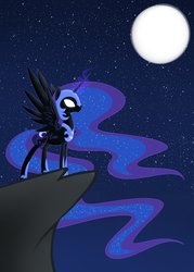 Size: 755x1057 | Tagged: safe, artist:alphaaquilae, nightmare moon, alicorn, pony, g4, female, full moon, glowing eyes, glowing horn, hoof shoes, horn, mare, moon, night, solo, stars, white eyes, wings