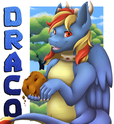 Size: 1838x2000 | Tagged: safe, artist:dunnowhattowrite, oc, oc only, oc:draco flames, hybrid, badge, claws, horns, male, solo