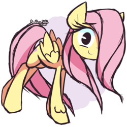Size: 1280x1280 | Tagged: safe, artist:lilboulder, fluttershy, pegasus, pony, g4, abstract background, cute, female, hair over one eye, leg fluff, looking at you, mare, shyabetes, simple background, solo