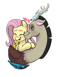 Size: 1280x1715 | Tagged: safe, artist:doodling-is-magic, discord, fluttershy, draconequus, pony, g4, blushing, cheek kiss, cute, discute, eyes closed, female, heart, hnnng, kissing, male, open mouth, ship:discoshy, shipping, shyabetes, simple background, straight, transparent background