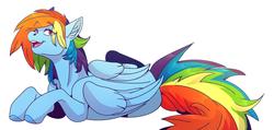 Size: 1844x878 | Tagged: safe, artist:1an1, rainbow dash, pegasus, pony, g4, colored hooves, cute, dashabetes, ear fluff, eye clipping through hair, female, lying down, simple background, solo, white background