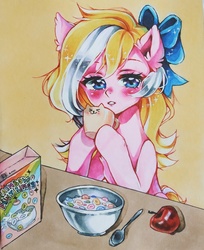 Size: 2249x2762 | Tagged: safe, artist:manekoart, oc, oc only, oc:bay breeze, pegasus, pony, apple, arm hooves, blushing, bow, breakfast, cereal, cute, female, food, hair bow, high res, looking at you, mare, mug, sleepy, traditional art, ych result