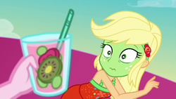Size: 1920x1080 | Tagged: safe, screencap, applejack, pinkie pie, equestria girls, equestria girls specials, g4, my little pony equestria girls: better together, my little pony equestria girls: spring breakdown, clothes, cup, dress, drink, geode of super strength, glass, green face, kiwi fruit, magical geodes, punch (drink), punch bowl, seasickness, sleeveless, straw