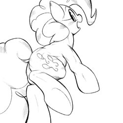 Size: 1536x1536 | Tagged: safe, artist:kurogewapony, pinkie pie, earth pony, pony, g4, back, balloonbutt, butt, female, lineart, looking at you, looking back, looking back at you, mare, monochrome, open mouth, plot, simple background, smiling, solo, underhoof, white background